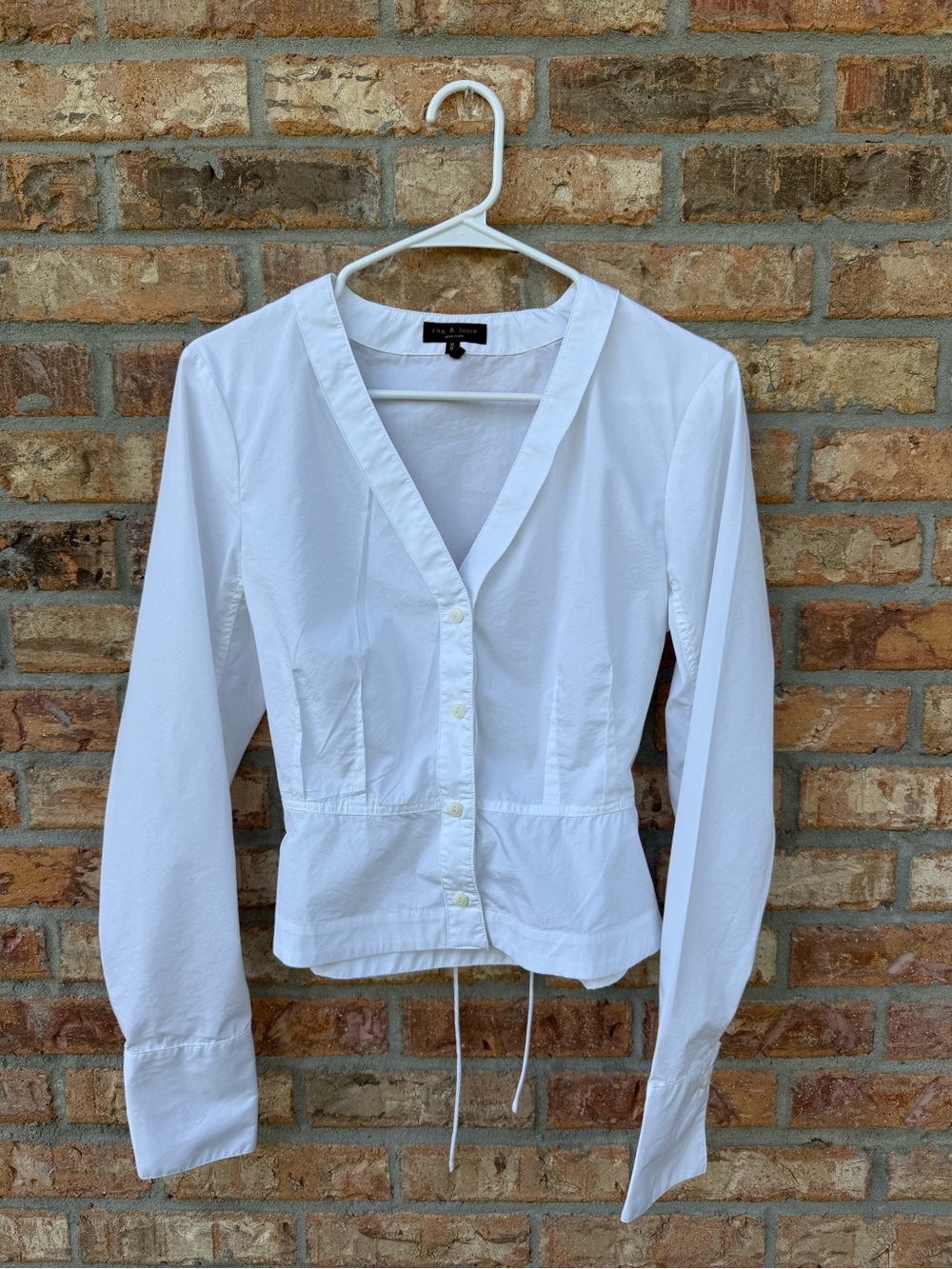 rag & bone White Button-Front Long Sleeve V-Neck Blouse